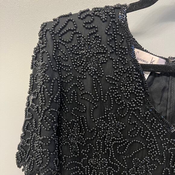 Vintage Laurence Kazar New York Black Beaded V Neck Short Sleeve silk xl Top - Picture 7 of 7